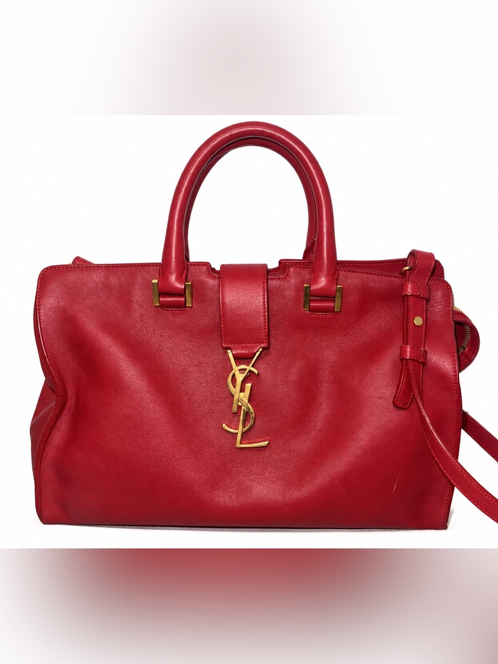 Saint Laurent Small Leather Monogram Downtown Cabas Satchel- Red